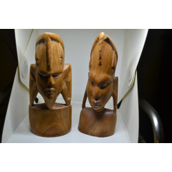 2 Wooden Busts, male and female. Hand carved and solid Teak, heavy.